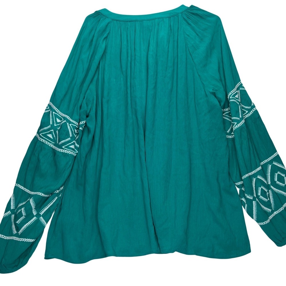 Lane Bryant Teal Embroidered Peasant Blouse Tassel Tie Top Size 18 Boho Rayon - Picture 11 of 13